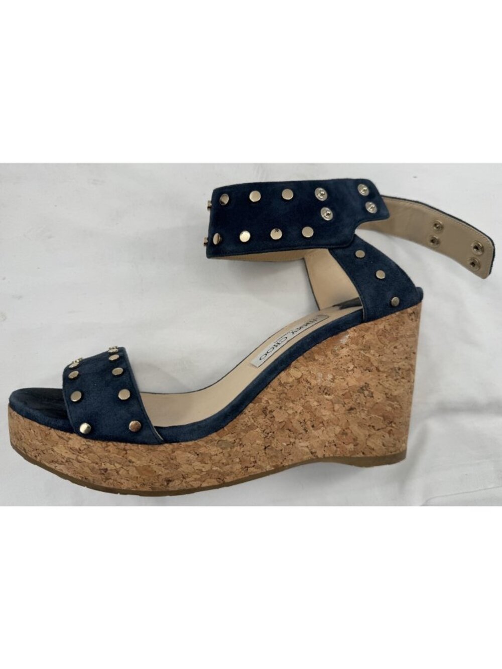 JIMMY CHOO Dark Navy Suede Studded Cork Nelly Wedge Sandals Heels Shoes Sz 41.5 - Picture 10 of 16